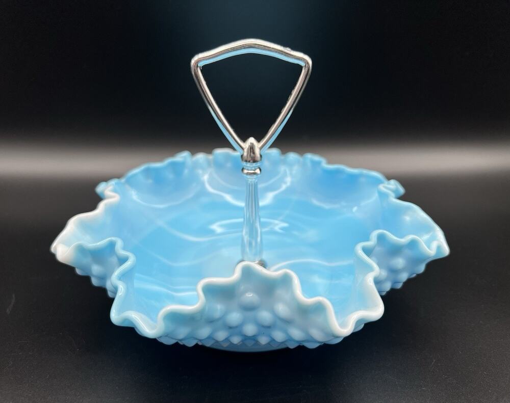 Fenton Blue & White Slag Glass Ruffled Hobnail Candy Bon Bon Dish 8" Vintage